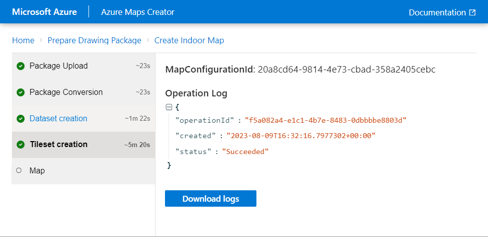 Snímek obrazovky s vytvořením sady dlaždic nástroje pro onboarding Azure Maps Creator, včetně hodnoty ID konfigurace mapy