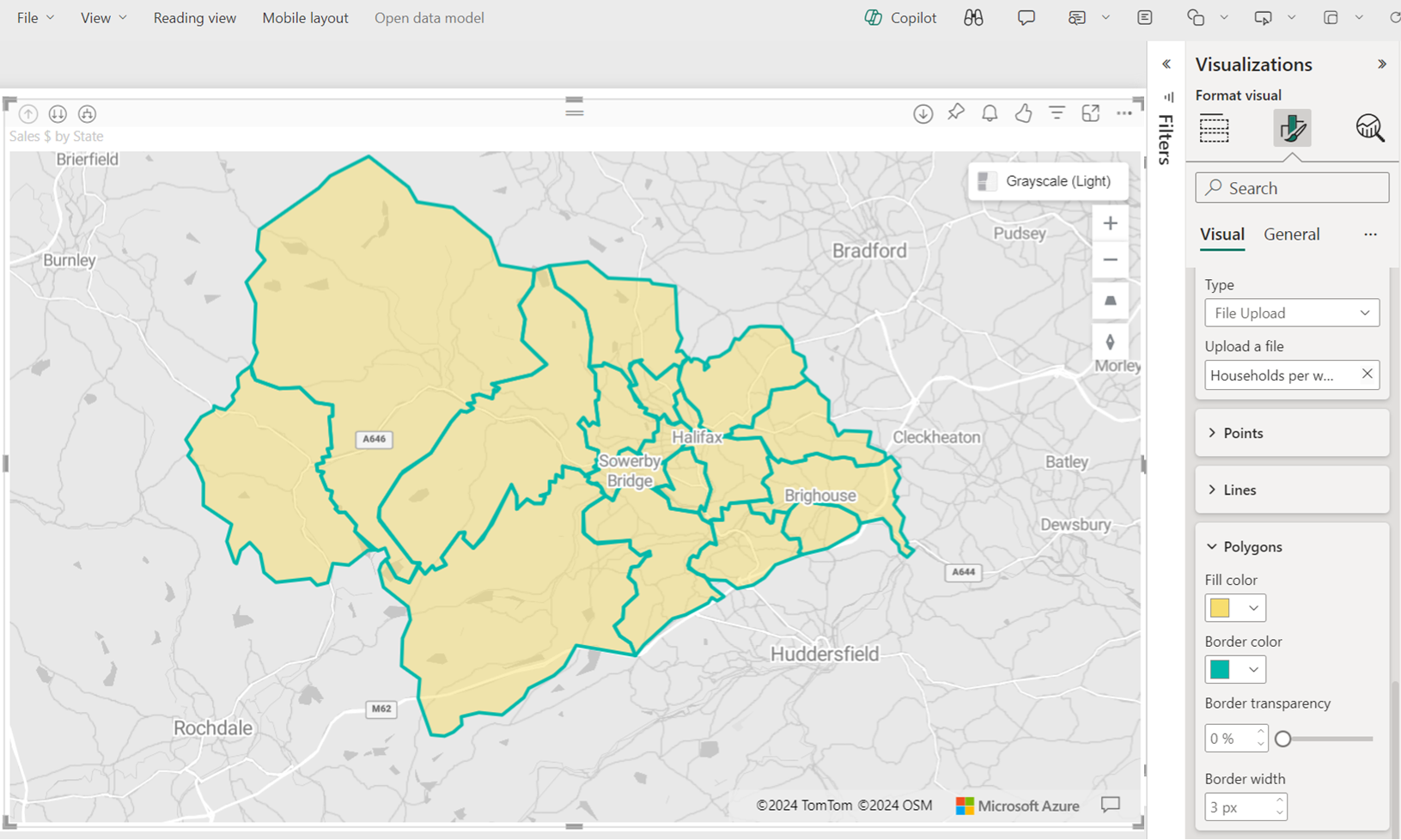 Mapa zobrazující vlastní styl referenční vrstvy prostřednictvím funkce podokna formátu