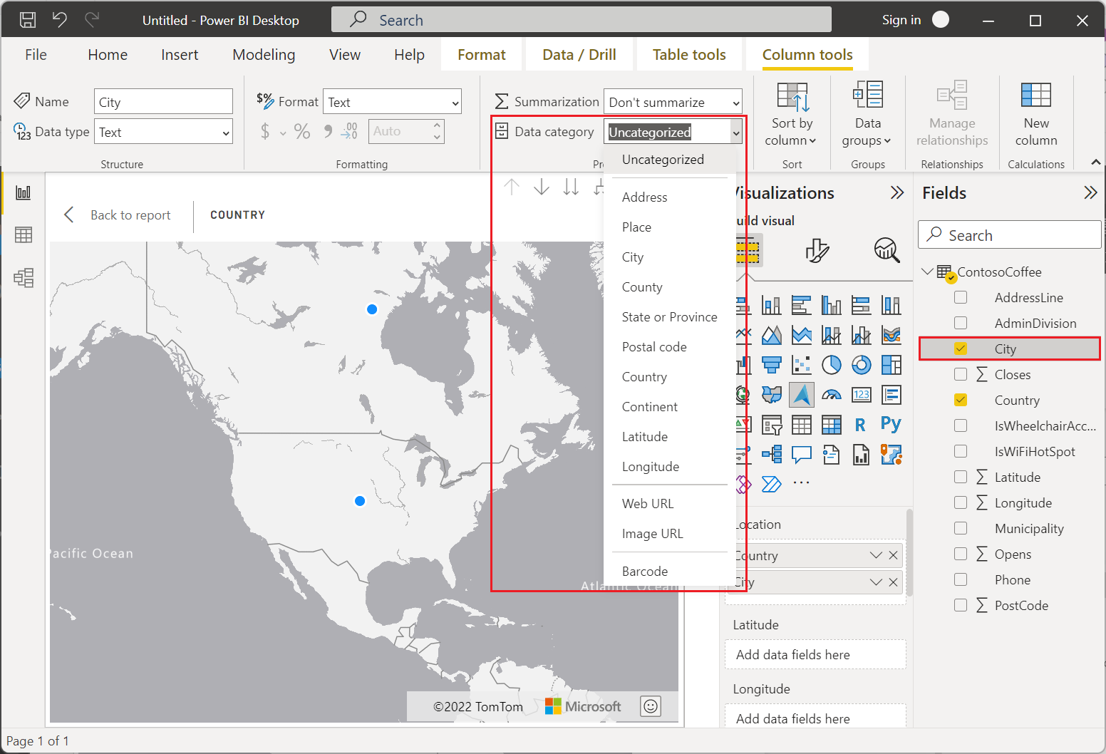 Snímek obrazovky s rozevíracím seznamem kategorií dat v Power BI Desktopu