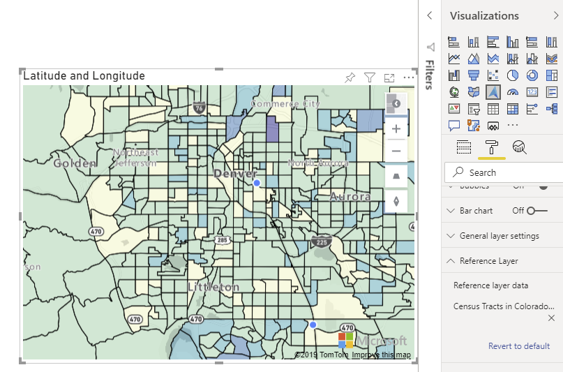 Mapa zobrazující sčítání lidu v roce 2016 pro Colorado, která je barevná podle populace jako referenční vrstvy.