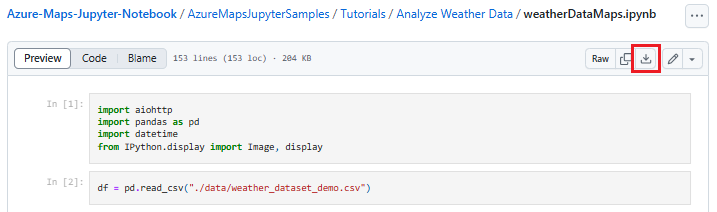 Snímek obrazovky znázorňující, jak stáhnout soubor poznámkového bloku s názvem weatherDataMaps.ipynb z úložiště GitHub