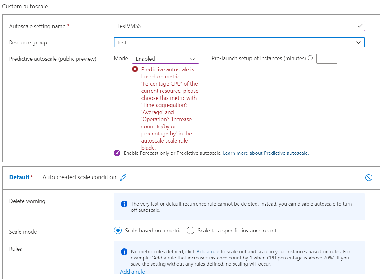 Snímek obrazovky znázorňující prediktivní automatické škálování chybové zprávy vychází z procentuálního využití procesoru metriky aktuálního prostředku.