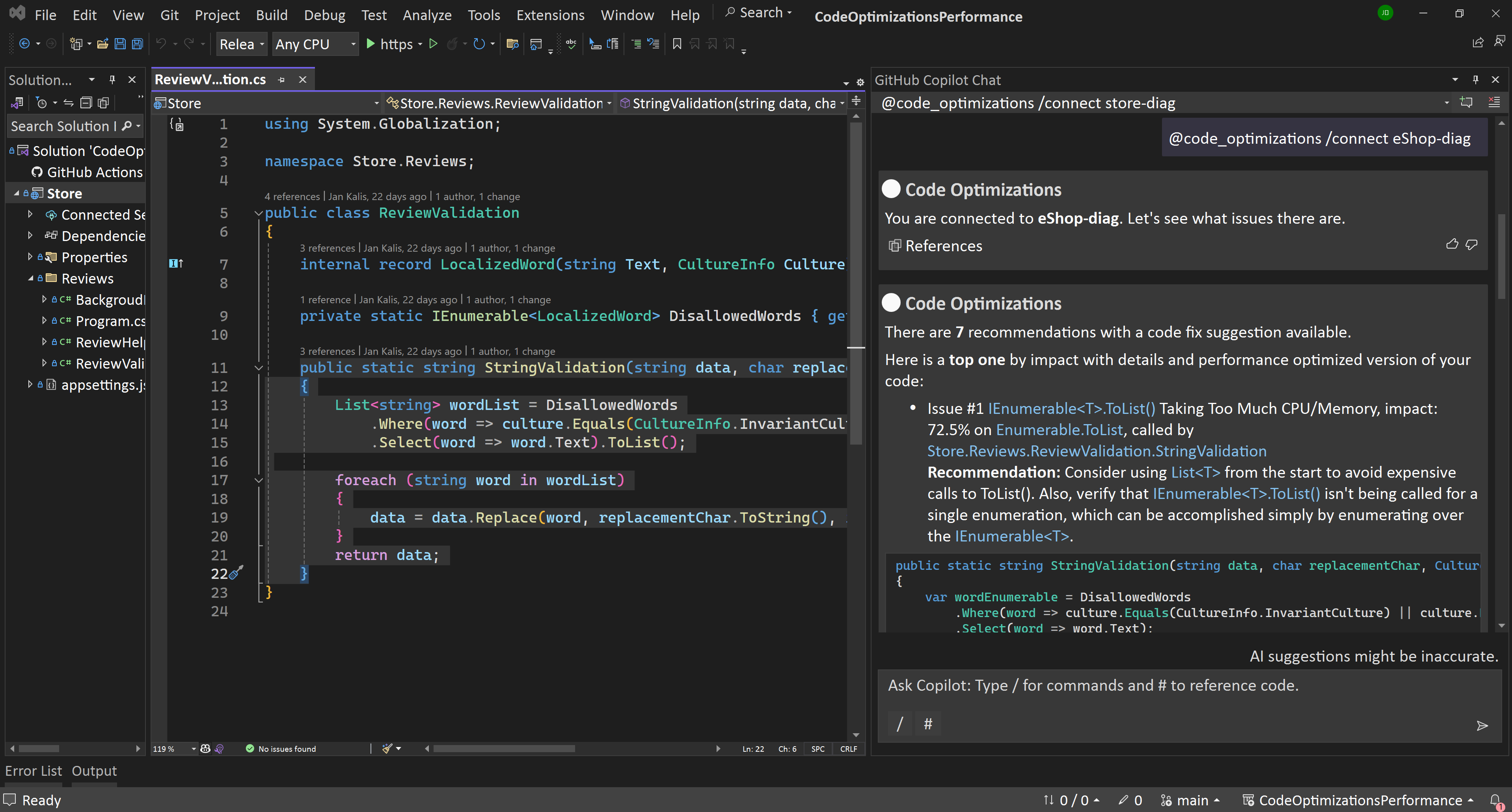 Snímek obrazovky s výsledky spuštění příkazu optimalizace kódu v sadě Visual Studio