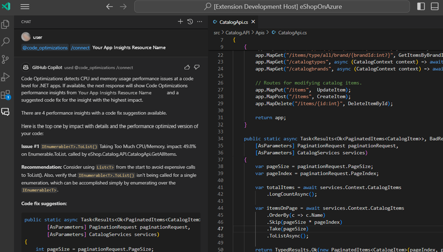 Snímek obrazovky s výsledky spuštění příkazu connect pro optimalizaci kódu v editoru Visual Studio Code