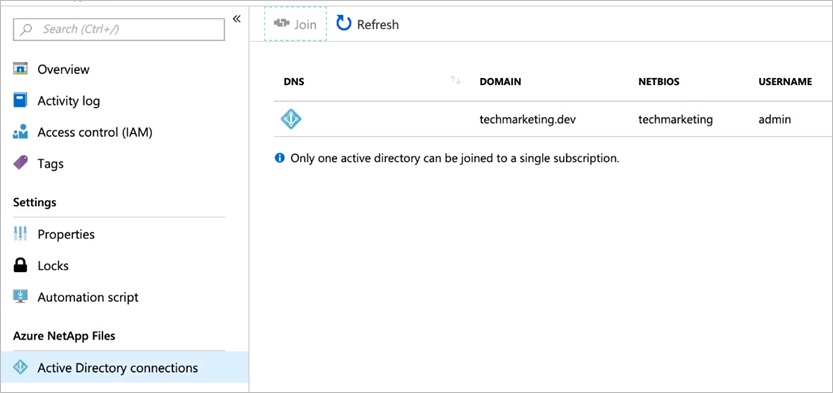 Snímek obrazovky s nabídkou připojení služby Active Directory zobrazující úspěšně vytvořené připojení