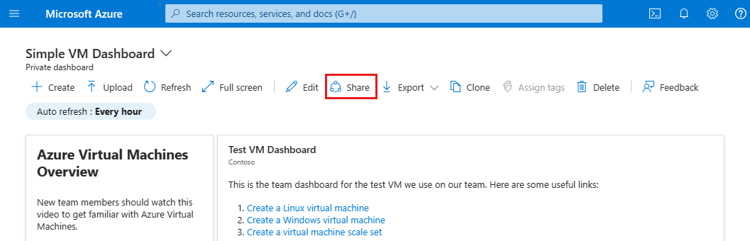 Snímek obrazovky znázorňující možnost Sdílet pro řídicí panel webu Azure Portal