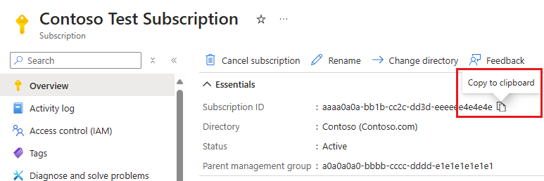 Snímek obrazovky znázorňující možnost kopírování ID předplatného na webu Azure Portal