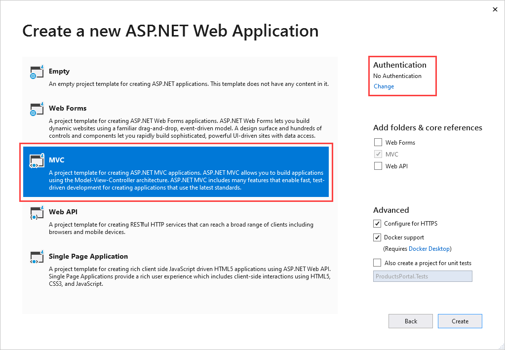 Výběr webové aplikace ASP .NET