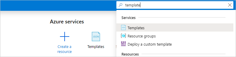 Snímek obrazovky s panelem hledání v Azure Portal se zadaným výrazem templates jako vyhledávacím dotazem