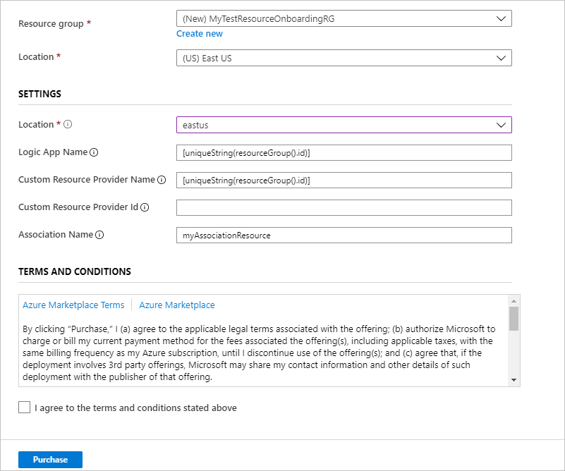 Snímek obrazovky s Azure Portal zobrazující vstupní pole parametrů šablony pro nasazení vlastního poskytovatele prostředků