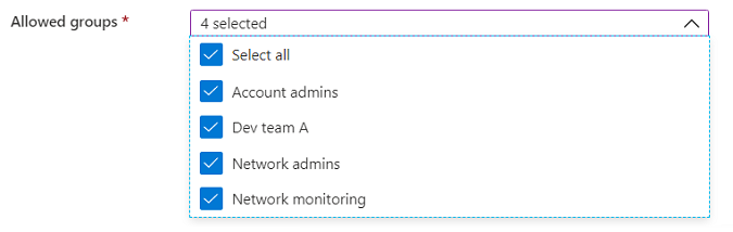 Snímek obrazovky s prvkem uživatelského rozhraní Microsoft.Common.DropDown s povoleným vícenásobným výběrem, včetně možnosti Vybrat vše