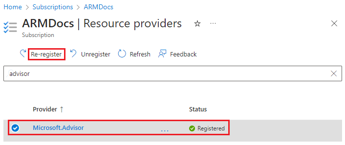 Snímek obrazovky s opětovnou registraci poskytovatele prostředků na webu Azure Portal