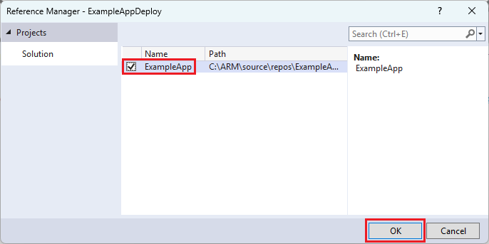 Snímek obrazovky s oknem Přidat odkaz v sadě Visual Studio s vybraným projektem webové aplikace