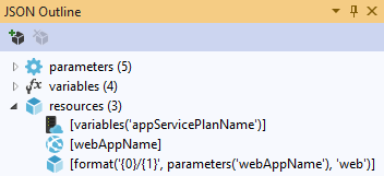 Snímek obrazovky s oknem Osnova JSON v sadě Visual Studio pro šablonu Resource Manageru