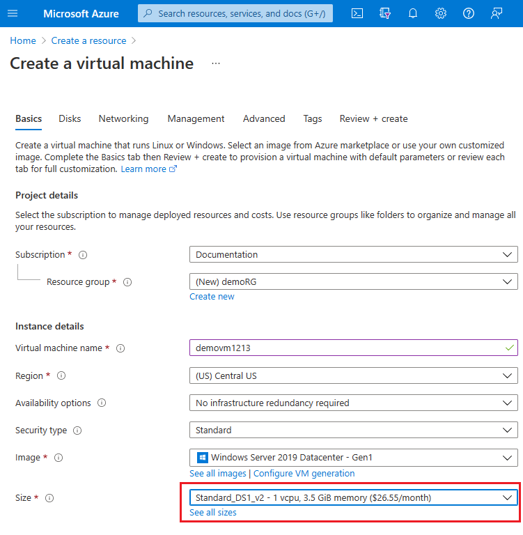 Snímek obrazovky s rozhraním nasazení webu Azure Portal zobrazující možnosti pro výběr velikosti virtuálního počítače z rozevírací nabídky