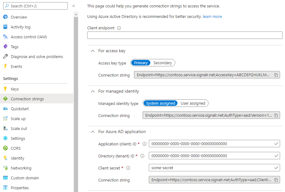 Snímek obrazovky znázorňující generátor připojovací řetězec pro službu Azure SignalR na webu Azure Portal