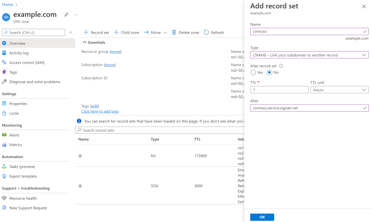 Snímek obrazovky s přidáním záznamu CNAME v zóně Azure DNS