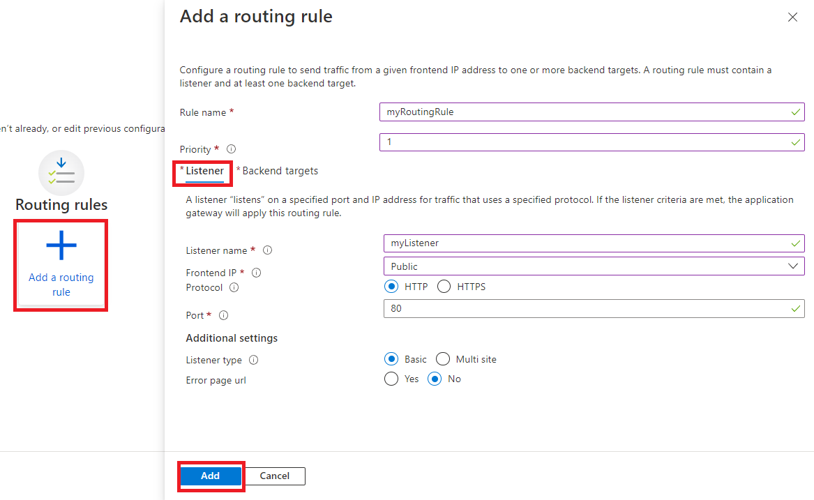 Snímek obrazovky s nastavením karty naslouchacího procesu pravidla směrování služby Application Gateway pro službu SignalR