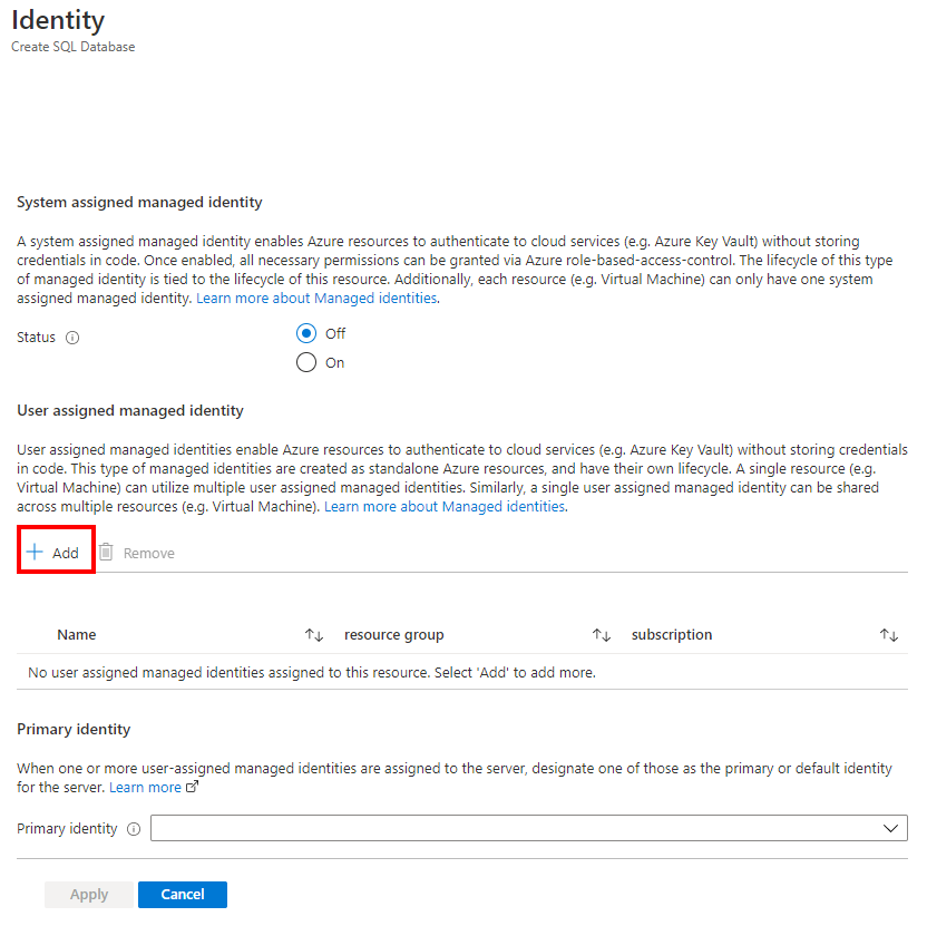 Snímek obrazovky webu Azure Portal s přidáním spravované identity přiřazené uživatelem při konfiguraci identity serveru