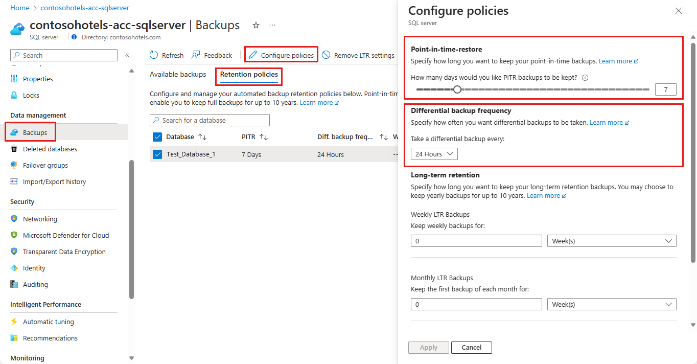 Snímek obrazovky webu Azure Portal, kde můžete změnit nastavení uchovávání bodu v čase na úrovni serveru 