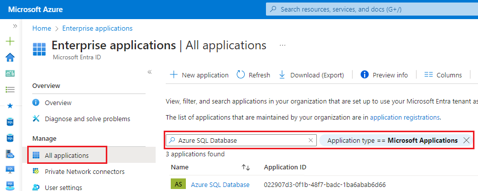 Snímek obrazovky azure SQL Database jako aplikace Microsoftu na webu Azure Portal