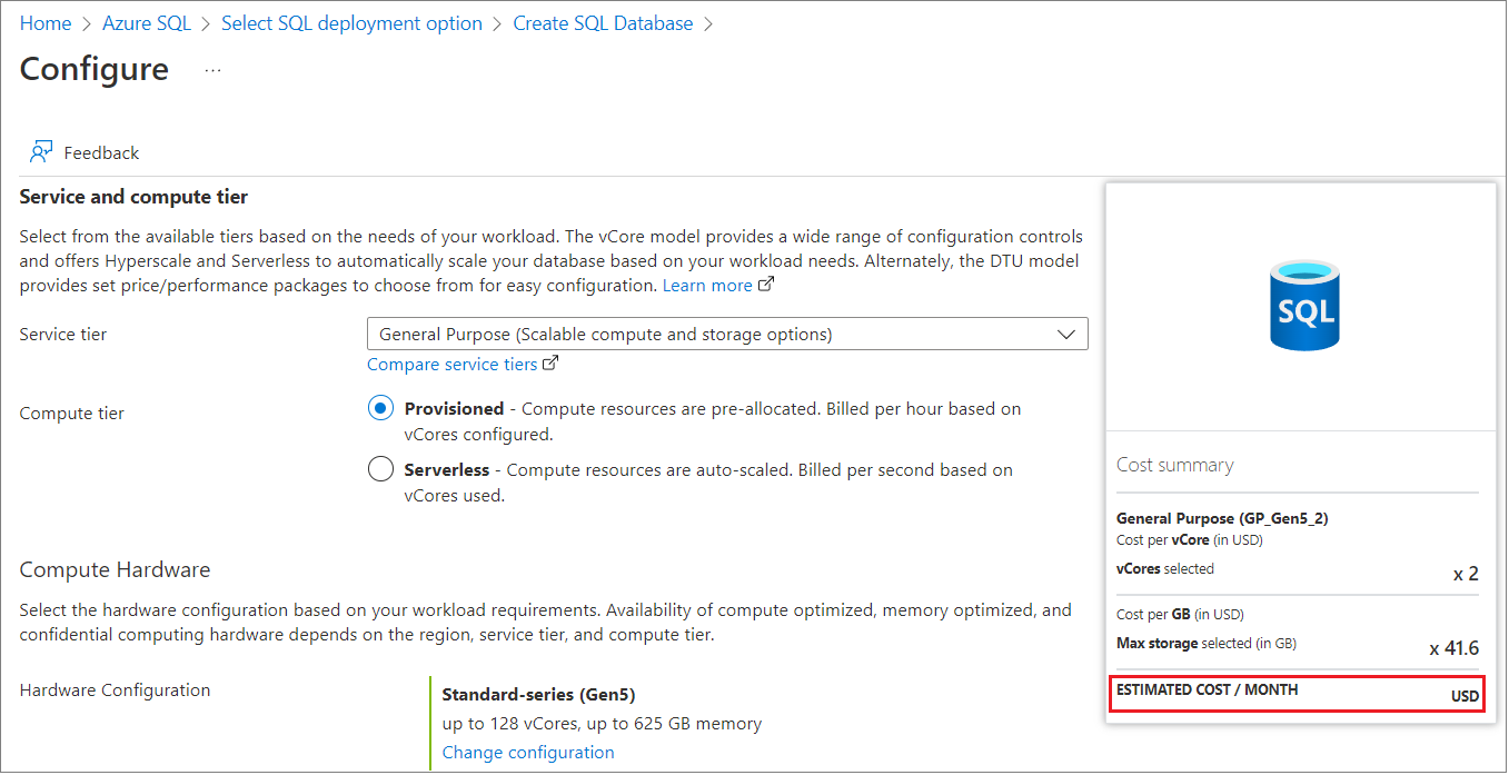 Příklad znázorňující odhad nákladů na webu Azure Portal