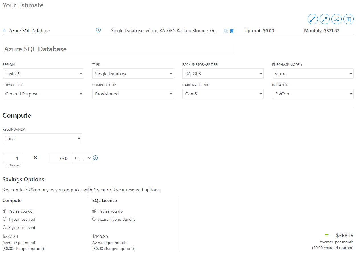 příklad cenové kalkulačky služby Azure SQL Database