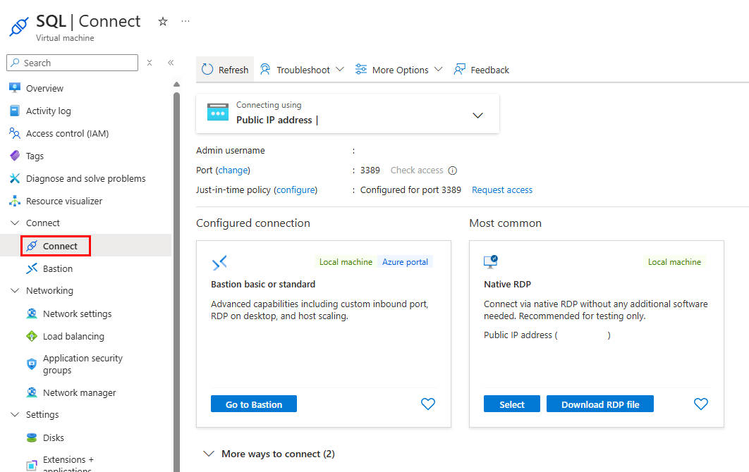 Snímek obrazovky webu Azure Portal, připojte se k virtuálnímu počítači se zvýrazněným tlačítkem RDP ke stažení