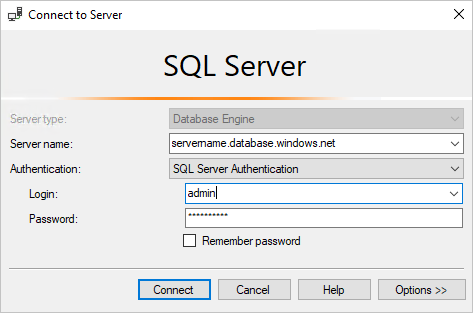 Snímek obrazovky s dialogovým oknem pro připojení k logickému serveru služby Azure SQL Database v aplikaci SQL Server Management Studio (SSMS).