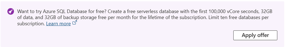 Screenshot from the Azure portal of the Free Offer banner.