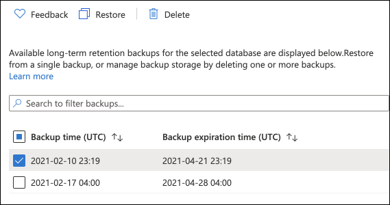 Snímek obrazovky webu Azure Portal, kde můžete zobrazit dostupné zálohy LTR