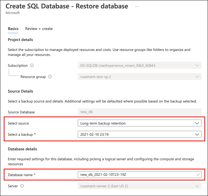 Snímek obrazovky webu Azure Portal, kde můžete nakonfigurovat podrobnosti o obnovení