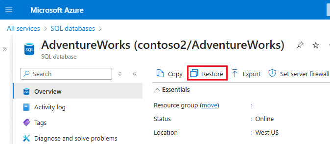 Snímek obrazovky s možností obnovení zvýrazněnou na stránce přehledu databáze SQL na webu Azure Portal