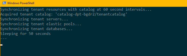 Snímek obrazovky znázorňující novou relaci PowerShellu, která je otevřená pro synchronizaci konfigurace prostředků tenanta