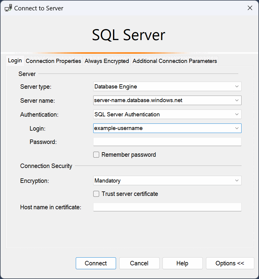 Snímek obrazovky znázorňující informace potřebné pro připojení k SQL Serveru