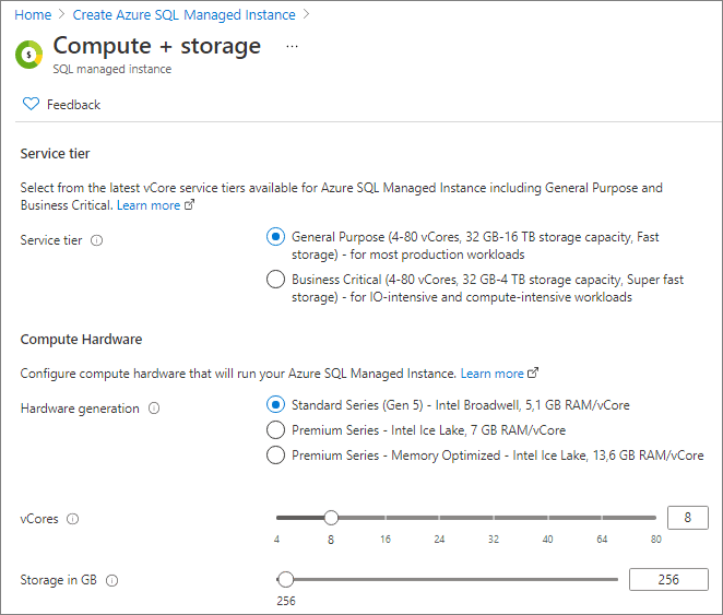 Snímek obrazovky webu Azure Portal znázorňující, kde nakonfigurovat službu SQL Managed Instance