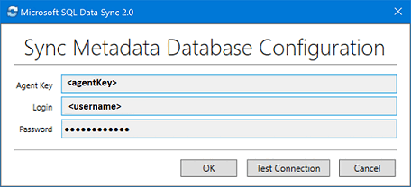 Snímek obrazovky z aplikace klientského agenta Microsoft Synchronizace dat SQL 2.0. Zadejte klíč agenta a přihlašovací údaje serveru.