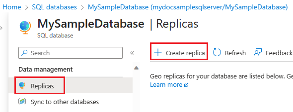 Snímek obrazovky se stránkou Repliky pro databázi SQL na webu Azure Portal