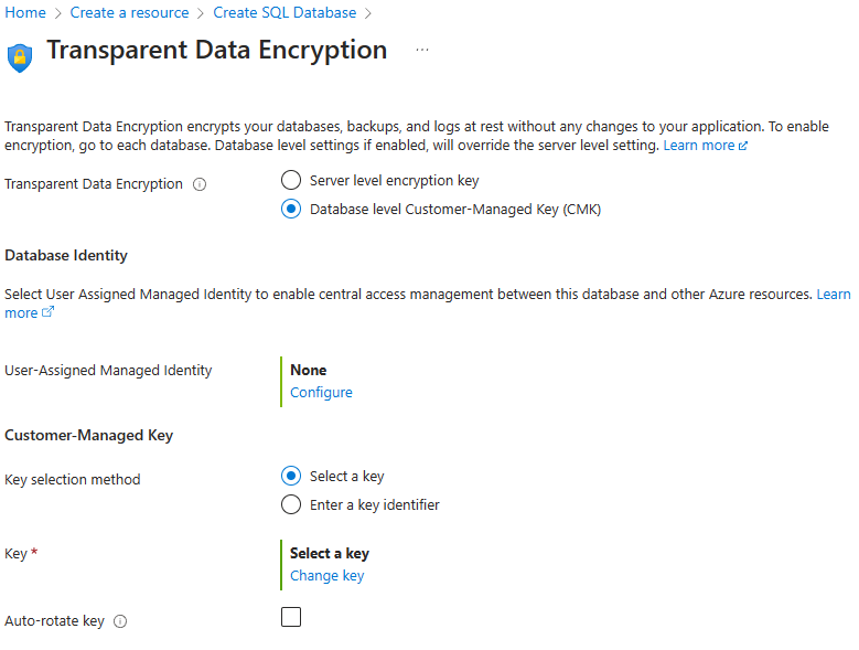 Snímek obrazovky s konfigurací transparentního šifrování dat pro databázi v Azure SQL