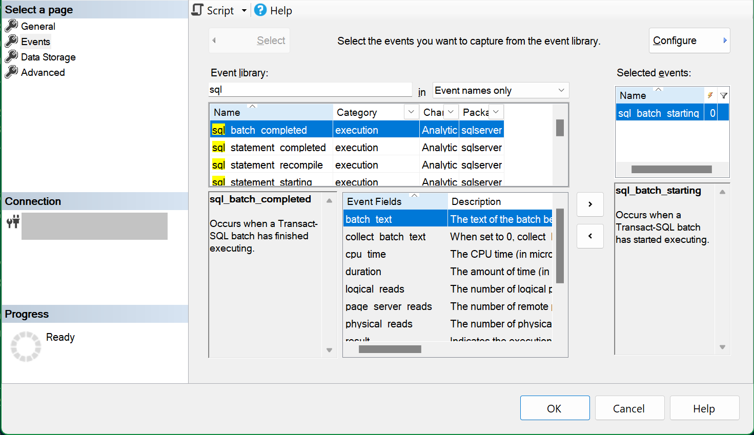 Snímek obrazovky s dialogovým oknem Nová relace SSMS zobrazující stránku výběru události s vybranou událostí sql_batch_starting