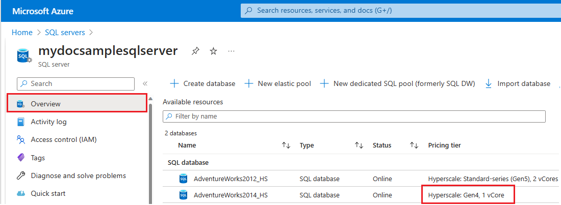 Snímek obrazovky se stránkou Přehled logického serveru v Azure, vybranou stránkou přehledu a zvýrazněnou možností Gen4 