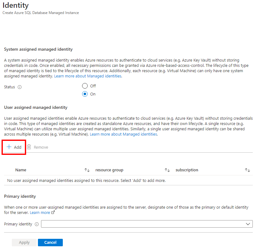 Snímek obrazovky webu Azure Portal s přidáním spravované identity přiřazené uživatelem při konfiguraci identity spravované instance