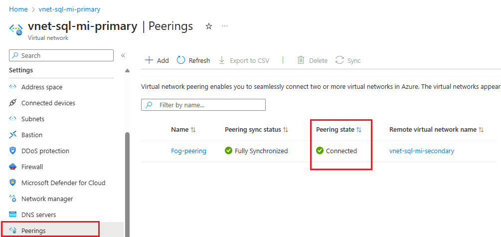 Snímek obrazovky se stavem partnerského vztahu virtuálních sítí na stránce Peerings na webu Azure Portal