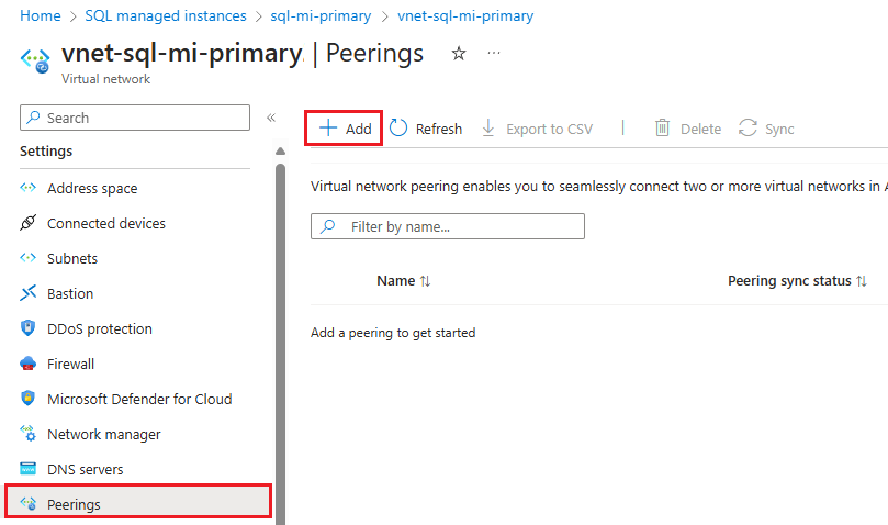 Snímek obrazovky se stránkou peeringů pro virtuální síť A na webu Azure Portal