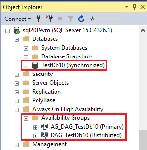 Snímek obrazovky znázorňující stav databáze SQL Serveru a distribuované skupiny dostupnosti v S S M S