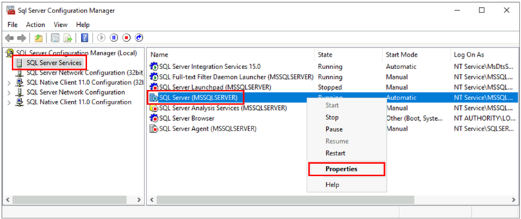 Snímek obrazovky znázorňující SQL Server Configuration Manager s výběry pro otevření vlastností služby