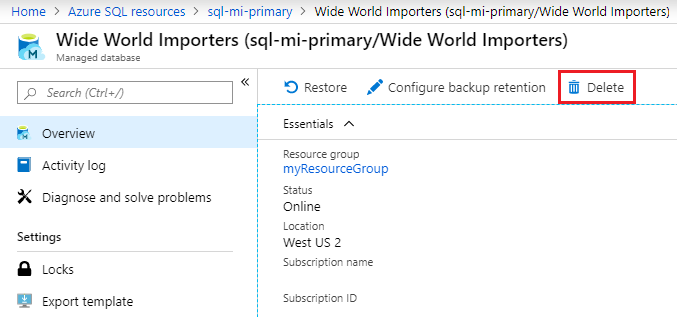 Snímek obrazovky znázorňující, jak odstranit databázi pomocí webu Azure Portal