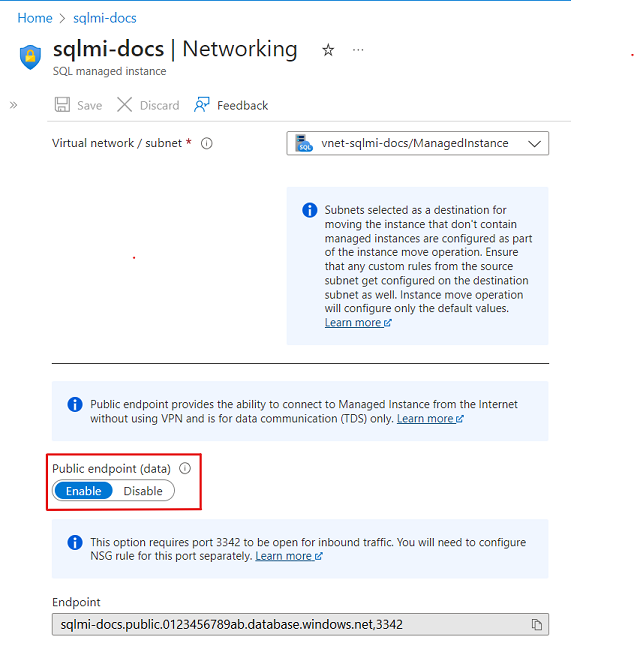 Snímek obrazovky se stránkou virtuální sítě služby SQL Managed Instance s povoleným veřejným koncovým bodem