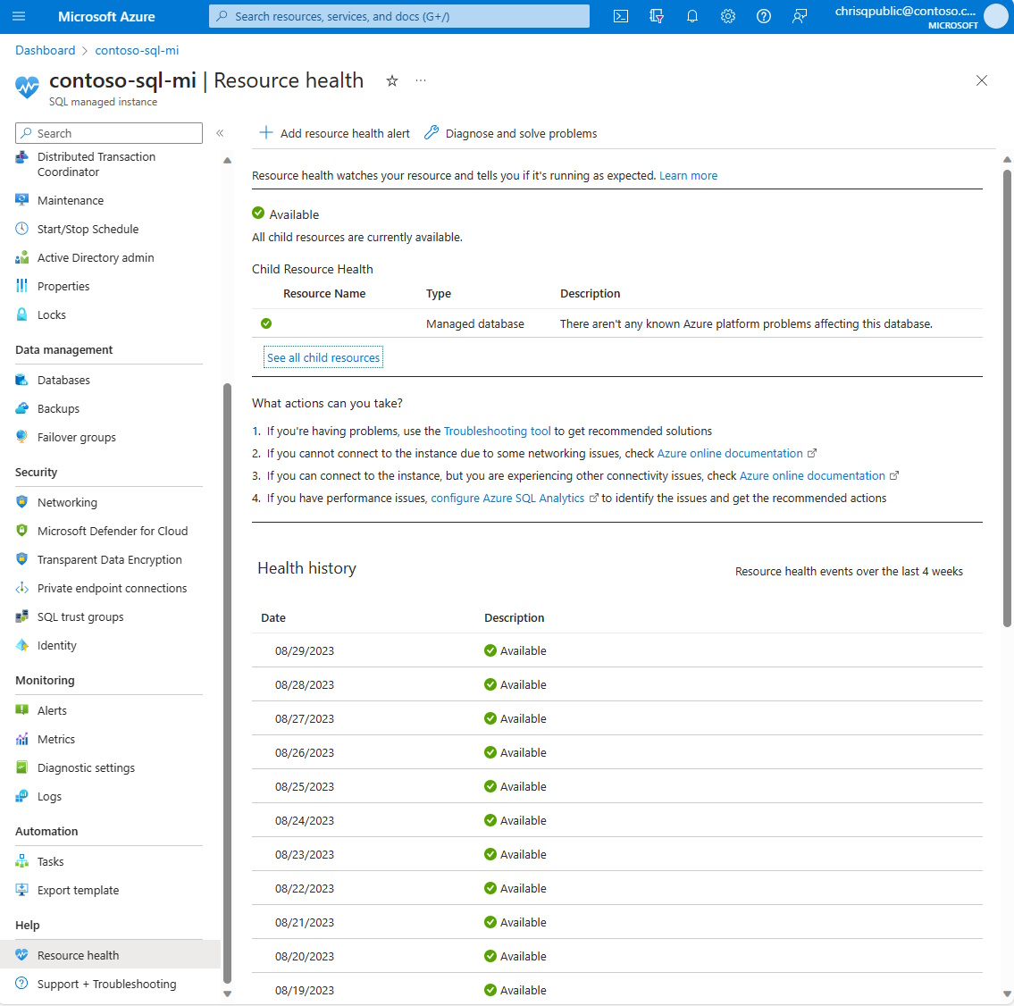 Snímek obrazovky webu Azure Portal se stránkou Resource Health pro spravovanou instanci Azure SQL