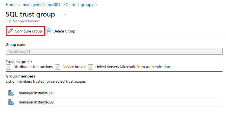 Snímek obrazovky znázorňující skupinu důvěryhodnosti SQL se zvýrazněnou možností Konfigurovat skupinu
